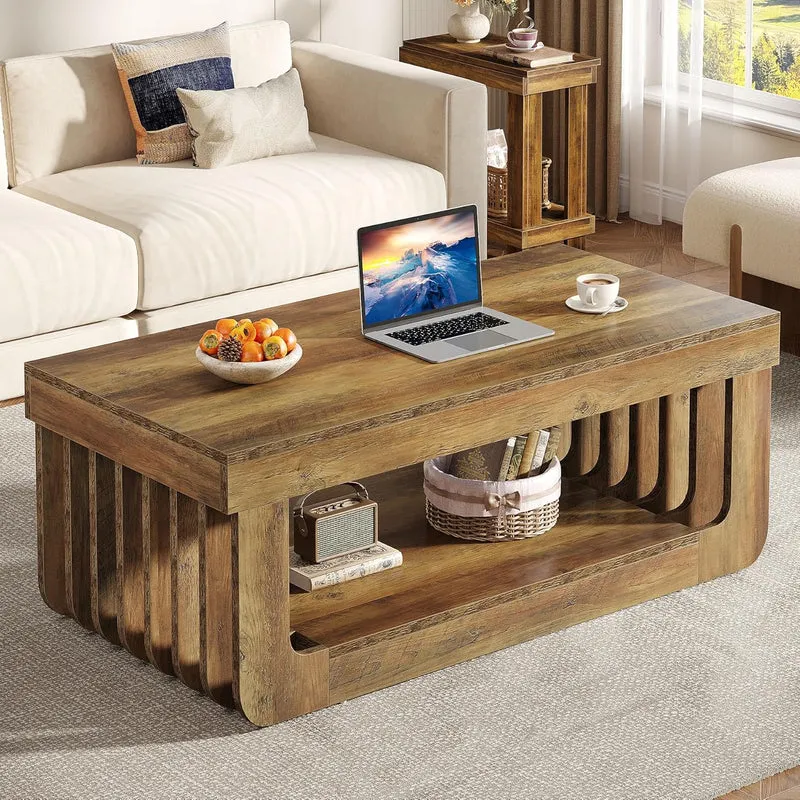 Tribesigns Table basse rustique à 2 niveaux de 120 cm et espace de rangement