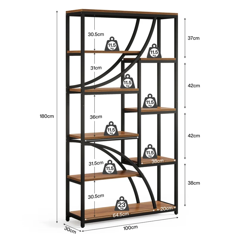 Tribesigns Bibliothèque de style industriel de 180 cm, Étagère métallique à 9 niveaux avec design géométrique