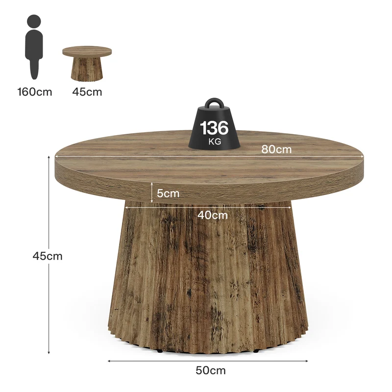 Tribesigns Table basse ronde 80 cm, Table centrale circulaire moderne avec base en tambour cannelé et finition grain de bois