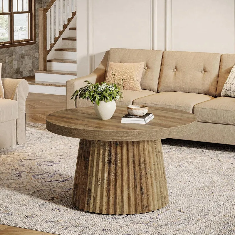 Tribesigns Table basse ronde 80 cm, Table centrale circulaire moderne avec base en tambour cannelé et finition grain de bois