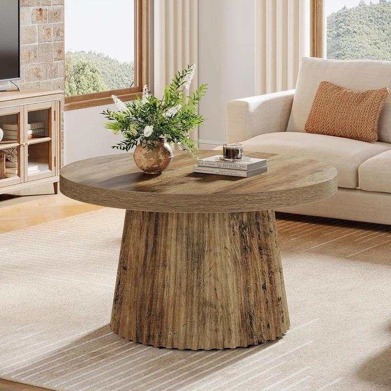 Tribesigns Table basse ronde 80 cm, Table centrale circulaire moderne avec base en tambour cannelé et finition grain de bois