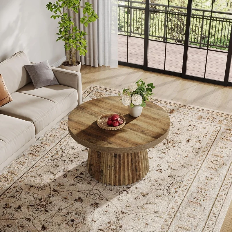 Tribesigns Table basse ronde 80 cm, Table centrale circulaire moderne avec base en tambour cannelé et finition grain de bois
