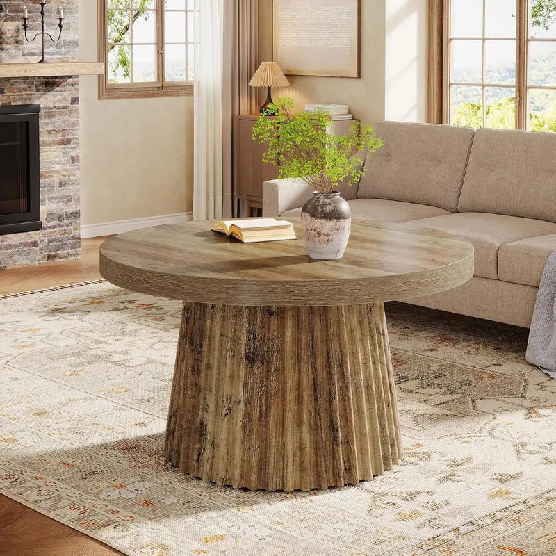 Tribesigns Table basse ronde 80 cm, Table centrale circulaire moderne avec base en tambour cannelé et finition grain de bois