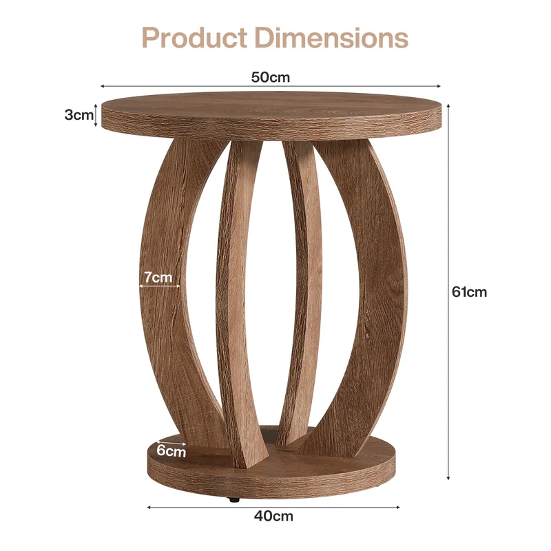 Tribesigns Table d'appoint de style campagnard de 50 cm avec plateau rond et rangement Brun rustique