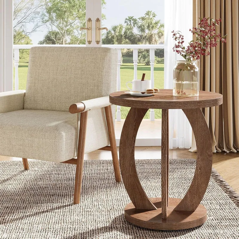 Tribesigns Table d'appoint de style campagnard de 50 cm avec plateau rond et rangement Brun rustique