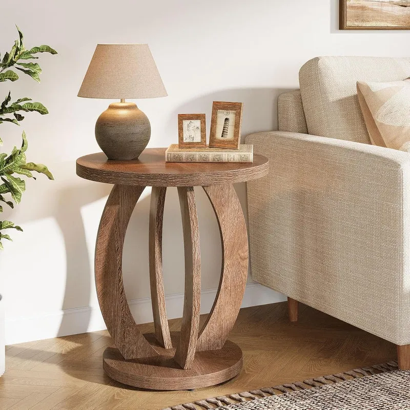 Tribesigns Table d'appoint de style campagnard de 50 cm avec plateau rond et rangement Brun rustique