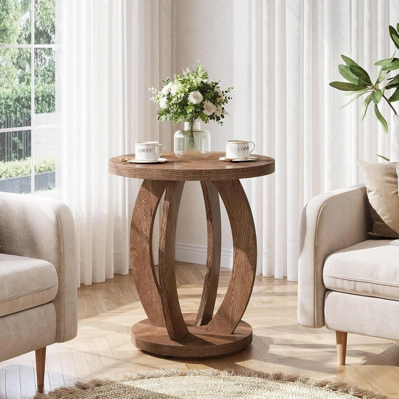 Tribesigns Table d'appoint de style campagnard de 50 cm avec plateau rond et rangement Brun rustique