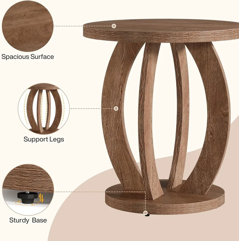 Tribesigns Table d'appoint de style campagnard de 50 cm avec plateau rond et rangement Brun rustique