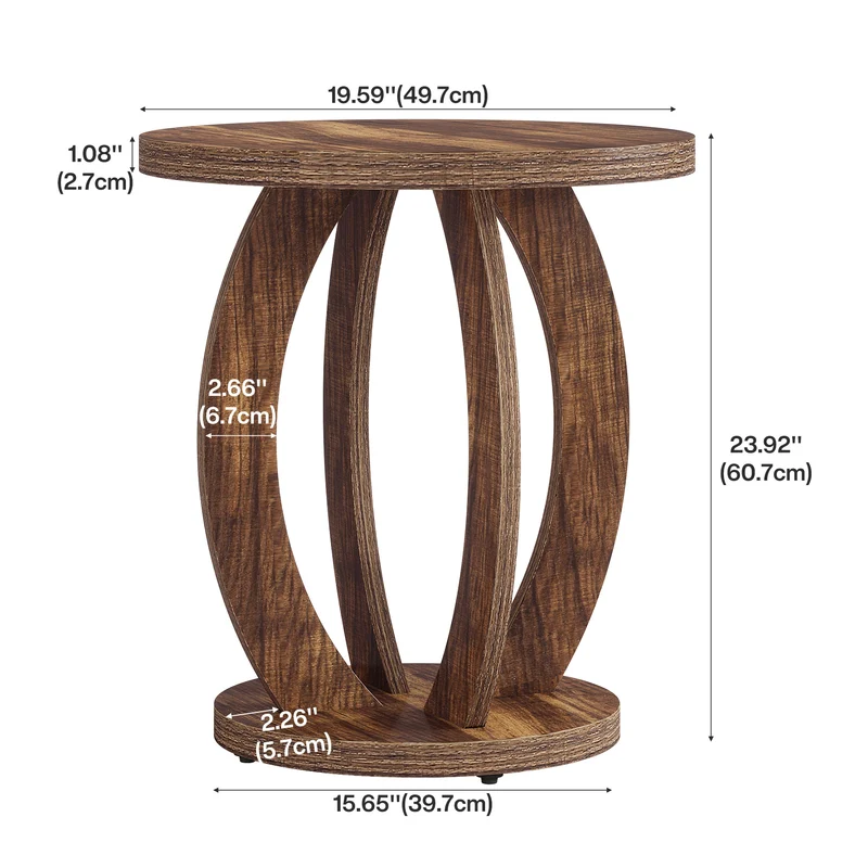 Tribesigns Table d'appoint de style campagnard de 50 cm avec plateau rond et rangement Brun rustique