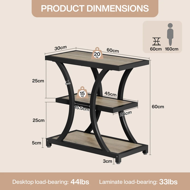 Tribesigns Table d'appoint avec espace de rangement, Table d'appoint à 3 niveaux avec design géométrique en métal