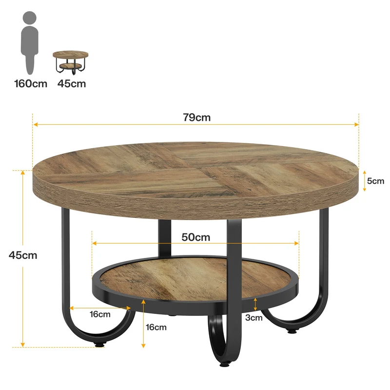 Table basse Tribesigns à deux niveaux, Table centrale de 79 cm avec étagère de rangement
