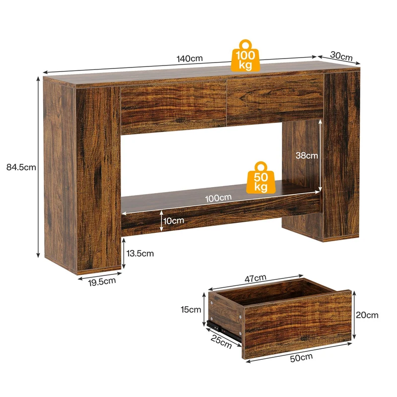 Tribesigns Console 140 cm, Table basse en bois à 2 niveaux avec 2 tiroirs