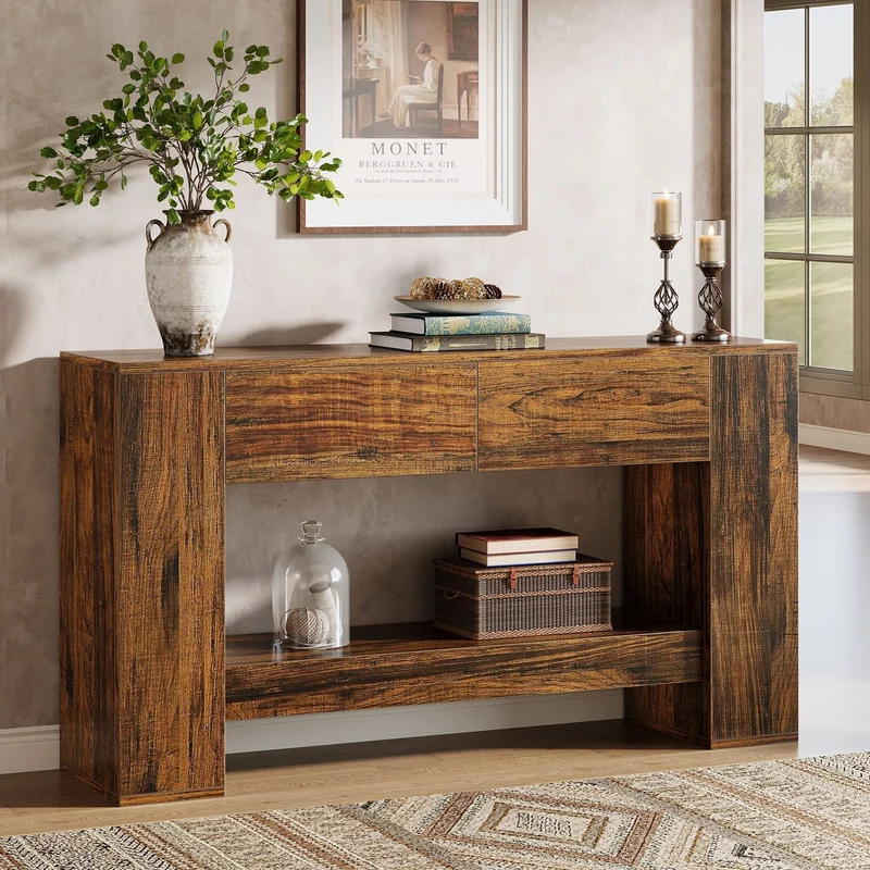 Tribesigns Console 140 cm, Table basse en bois à 2 niveaux avec 2 tiroirs