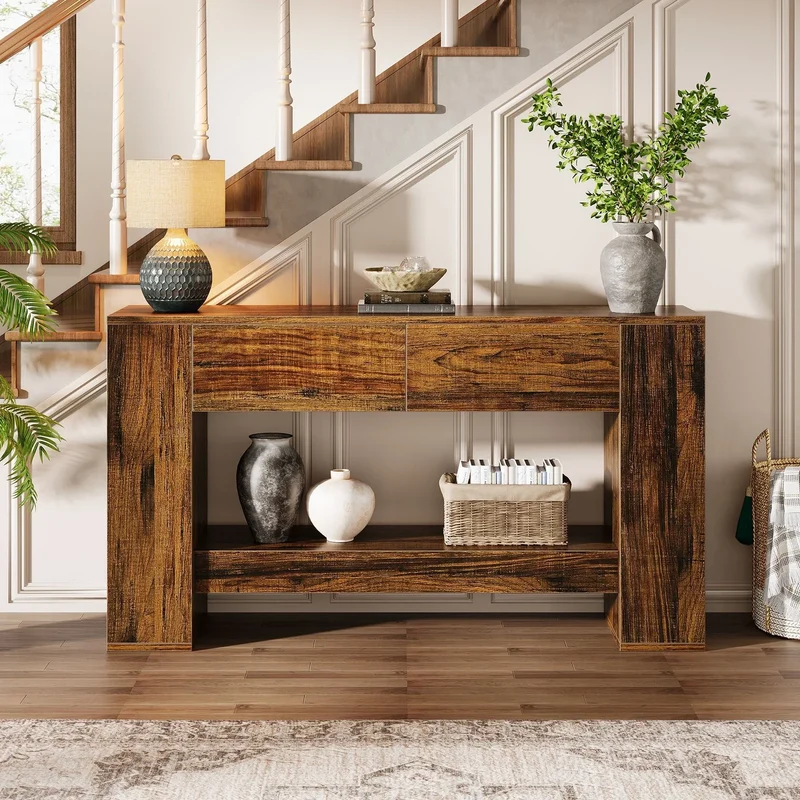 Tribesigns Console 140 cm, Table basse en bois à 2 niveaux avec 2 tiroirs