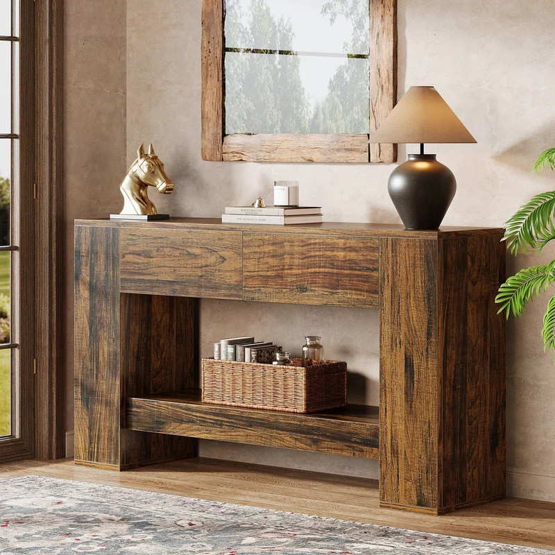 Tribesigns Console 140 cm, Table basse en bois à 2 niveaux avec 2 tiroirs
