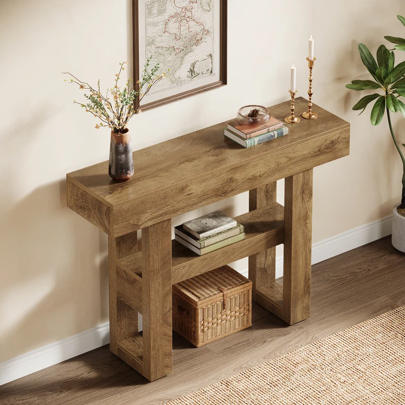 Tribesigns Farmhouse Table console étroite à 2 niveaux, Meuble d'entrée avec compartiments de rangement