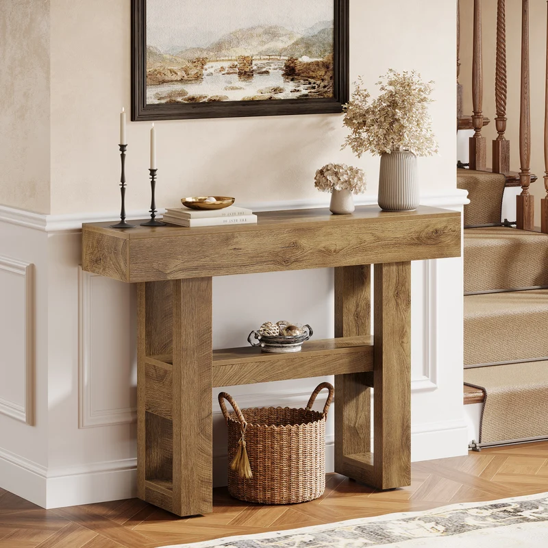 Tribesigns Farmhouse Table console étroite à 2 niveaux, Meuble d'entrée avec compartiments de rangement