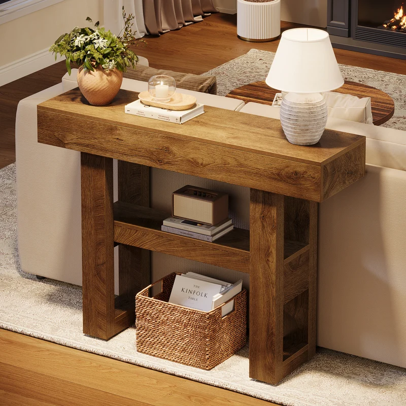 Tribesigns Farmhouse Table console étroite à 2 niveaux, Meuble d'entrée avec compartiments de rangement