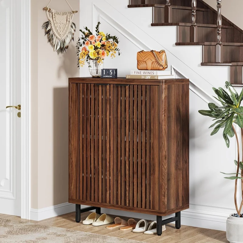 Tribesigns Armoire à Chaussures à 6 Niveaux avec Portes à persiennes, Grande Armoire de Rangement à Chaussures en Bois avec étagères réglables