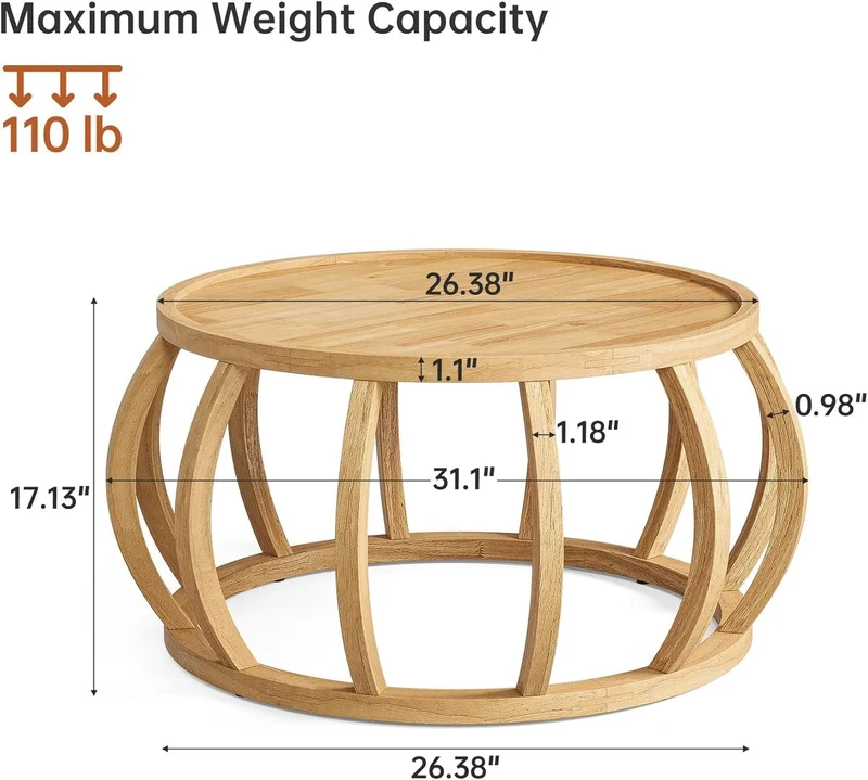 TribeWood Table Basse Ronde, Table Basse Bois Massif 80 cmTable Centrale avec Base Incurvée pour Salon