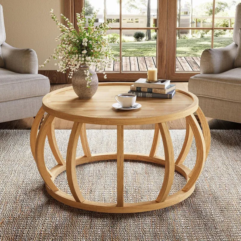 TribeWood Table Basse Ronde, Table Basse Bois Massif 80 cmTable Centrale avec Base Incurvée pour Salon
