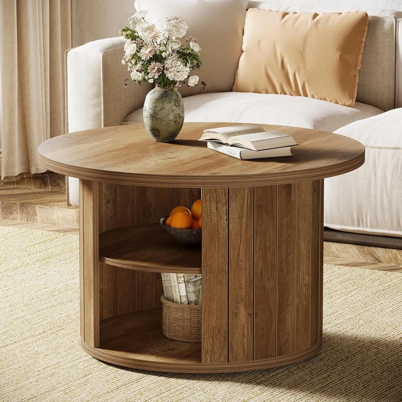 Tribesigns Table Basse Ronde, Table de Salon Circulaire à 2 Niveaux Petite Table Basse Bois