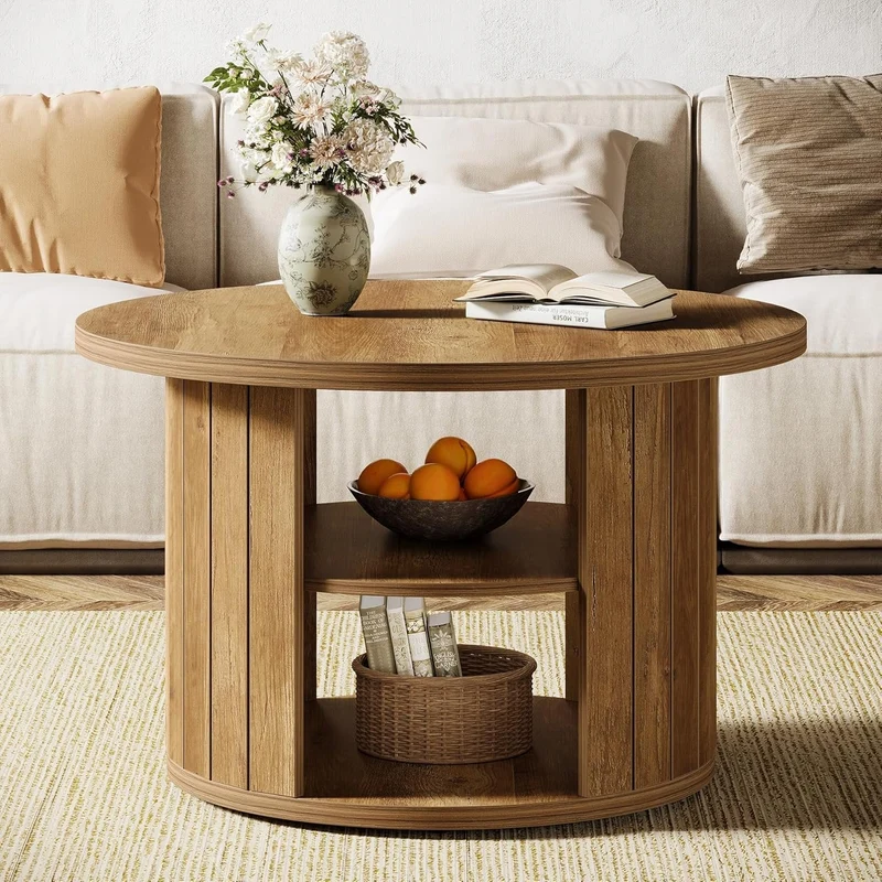 Tribesigns Table Basse Ronde, Table de Salon Circulaire à 2 Niveaux Petite Table Basse Bois