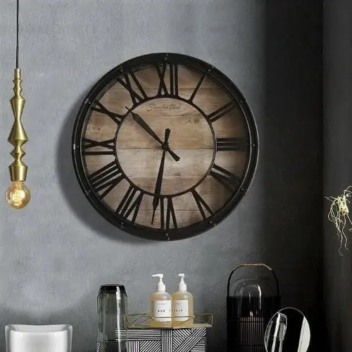 Horloge Industrielle Noire Et Bois