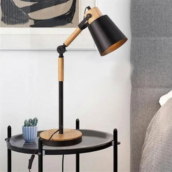 Lampe à Poser Industrielle Pied Bois