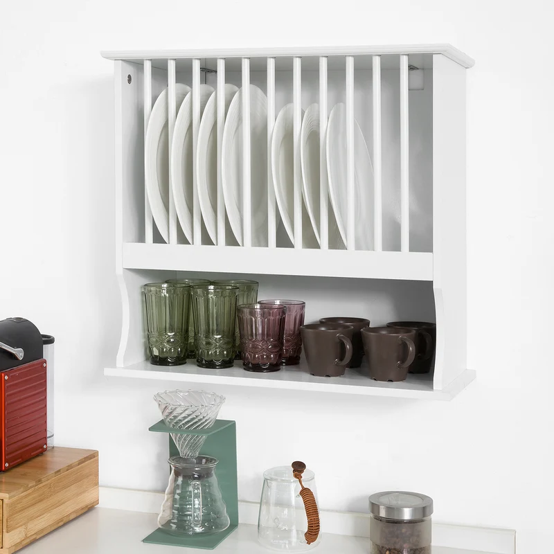 SoBuy KCR04-W Porte-Assiettes Murale d'assiettes Mural, avec 1 étagère