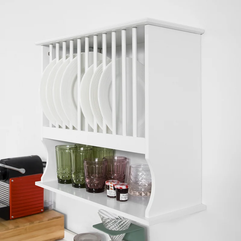 SoBuy KCR04-W Porte-Assiettes Murale d'assiettes Mural, avec 1 étagère