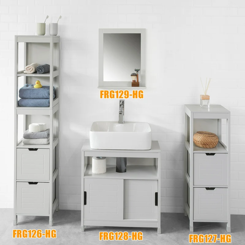 sebuyfr.comG129-HG Miroir Mural Meuble Salle de Bain avec 1 étage Plateau -Gris Clair