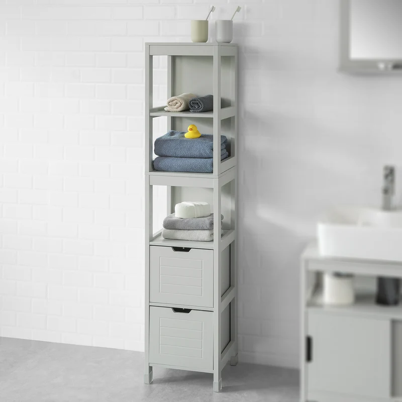sebuyfr.comG126-HG Meuble Colonne de Salle de Bain Armoire Haute – 4 étagères et 2 tiroirs -Gris Clair