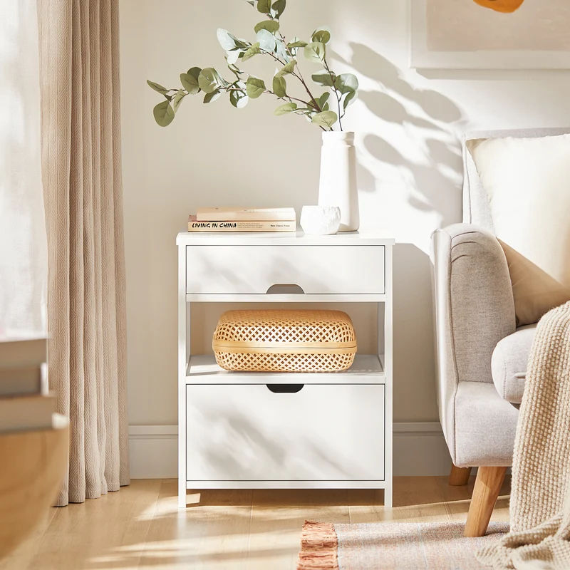 SoBuy FRG258-W Table de Chevet avec 2 tiroirs et étagère, Table de Nuit pour Chambre à Coucher - Meuble de Rangement Moderne L45 x P38 x H55 cm Blanc