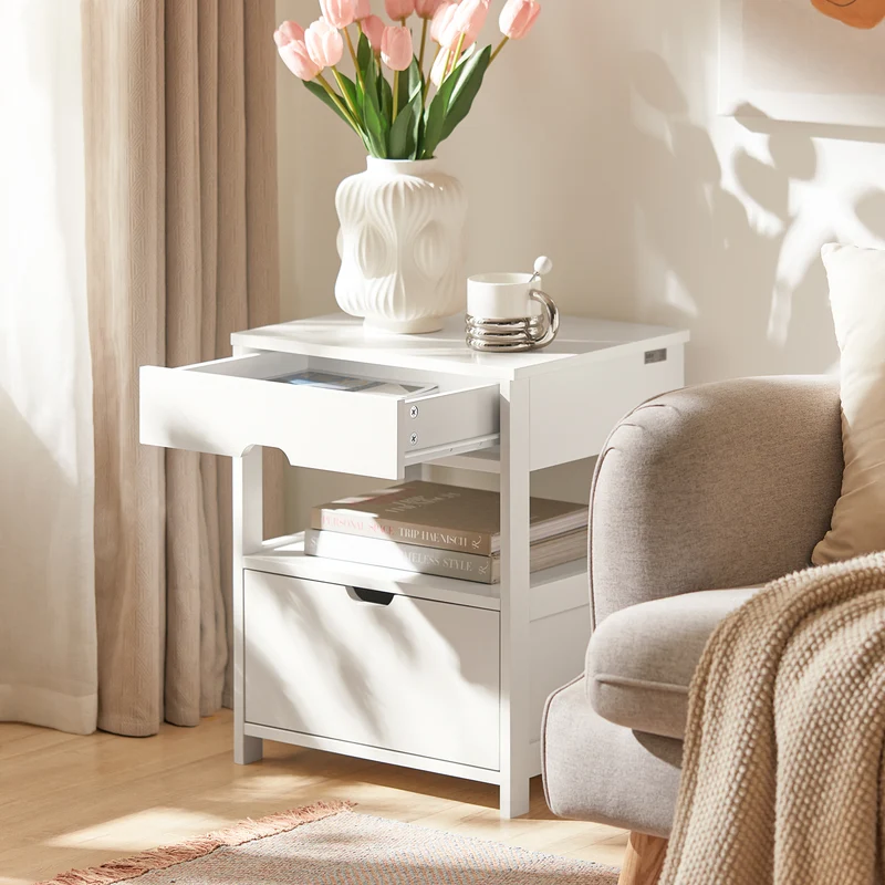 SoBuy FRG258-W Table de Chevet avec 2 tiroirs et étagère, Table de Nuit pour Chambre à Coucher - Meuble de Rangement Moderne L45 x P38 x H55 cm Blanc
