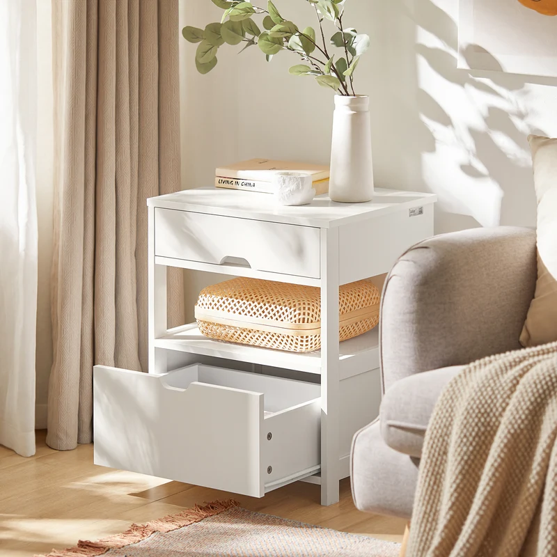 SoBuy FRG258-W Table de Chevet avec 2 tiroirs et étagère, Table de Nuit pour Chambre à Coucher - Meuble de Rangement Moderne L45 x P38 x H55 cm Blanc