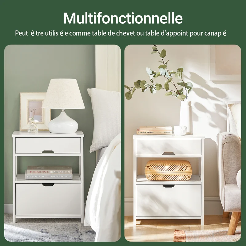 SoBuy FRG258-W Table de Chevet avec 2 tiroirs et étagère, Table de Nuit pour Chambre à Coucher - Meuble de Rangement Moderne L45 x P38 x H55 cm Blanc