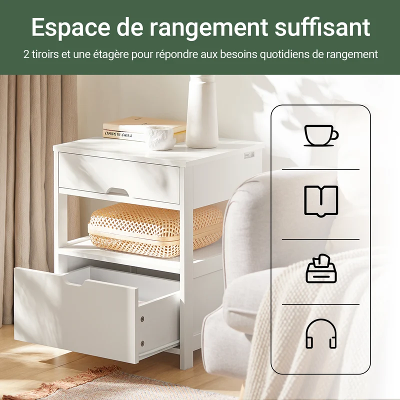 SoBuy FRG258-W Table de Chevet avec 2 tiroirs et étagère, Table de Nuit pour Chambre à Coucher - Meuble de Rangement Moderne L45 x P38 x H55 cm Blanc