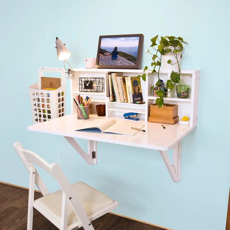 SoBuy FWT07-W Bureau Table murale rabattable avec Armoire murale intégrée, Table cuisine pliable, Table de repas -Blanc