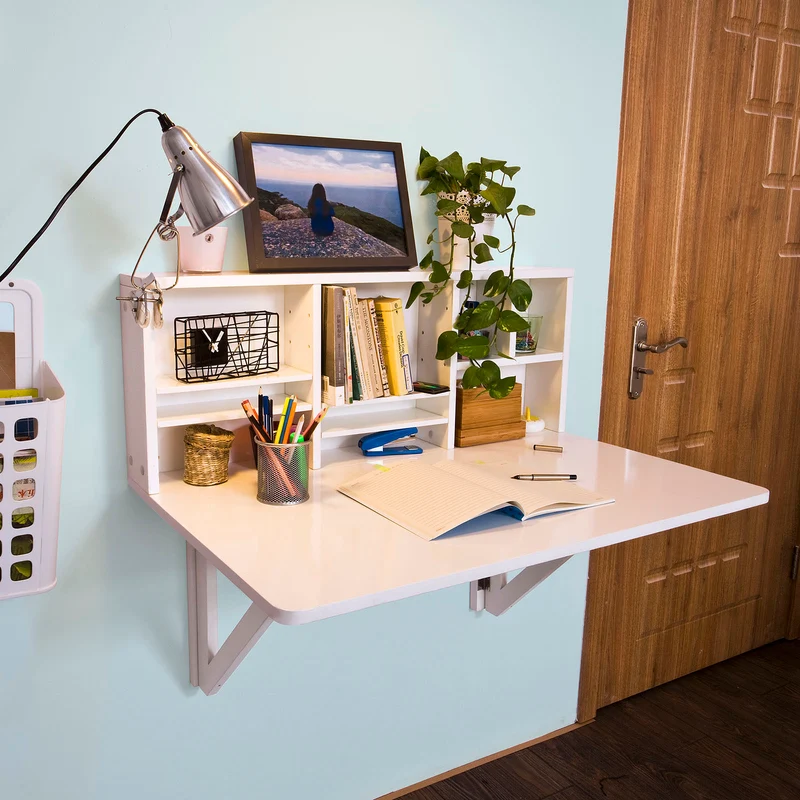 SoBuy FWT07-W Bureau Table murale rabattable avec Armoire murale intégrée, Table cuisine pliable, Table de repas -Blanc