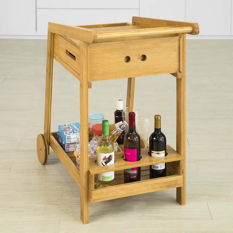 SoBuy FKW89-N Chariot de Service à roulettes Chariot de Cuisine en Bambou 2 Niveaux de Rangement Desserte de Cuisine roulante avec Porte-Bouteilles