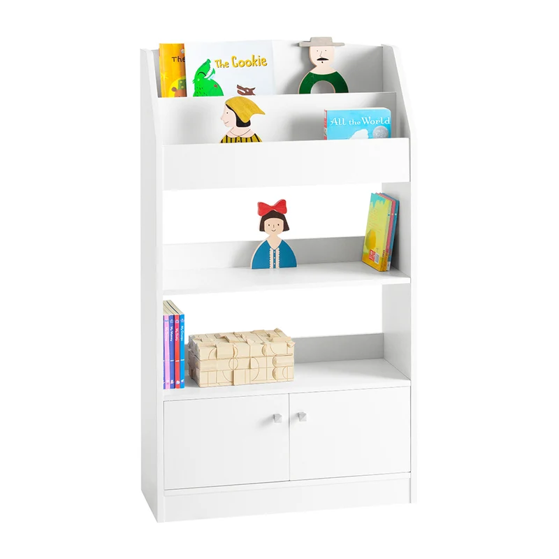 SoBuy KMB11-W Bibliothèque Étagère à Livres Étagère de Rangement Jouets pour Enfants Porte-revues 2 Compartiments Livres, 2 Étagères de Rangment et 2 Portes