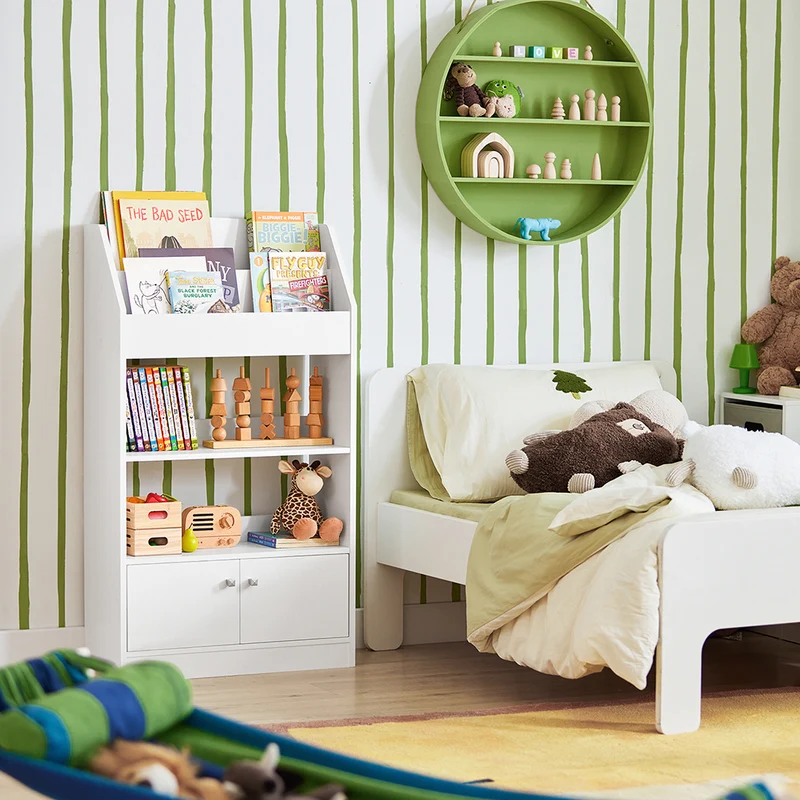 SoBuy KMB11-W Bibliothèque Étagère à Livres Étagère de Rangement Jouets pour Enfants Porte-revues 2 Compartiments Livres, 2 Étagères de Rangment et 2 Portes