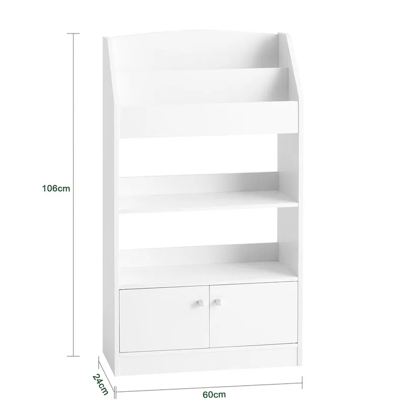 SoBuy KMB11-W Bibliothèque Étagère à Livres Étagère de Rangement Jouets pour Enfants Porte-revues 2 Compartiments Livres, 2 Étagères de Rangment et 2 Portes