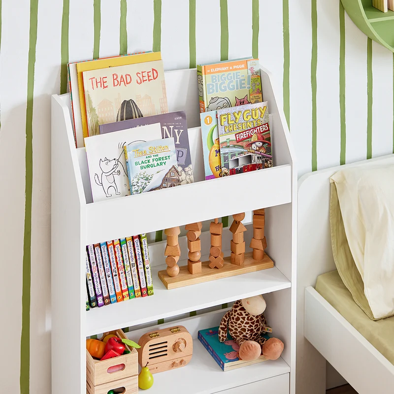 SoBuy KMB11-W Bibliothèque Étagère à Livres Étagère de Rangement Jouets pour Enfants Porte-revues 2 Compartiments Livres, 2 Étagères de Rangment et 2 Portes