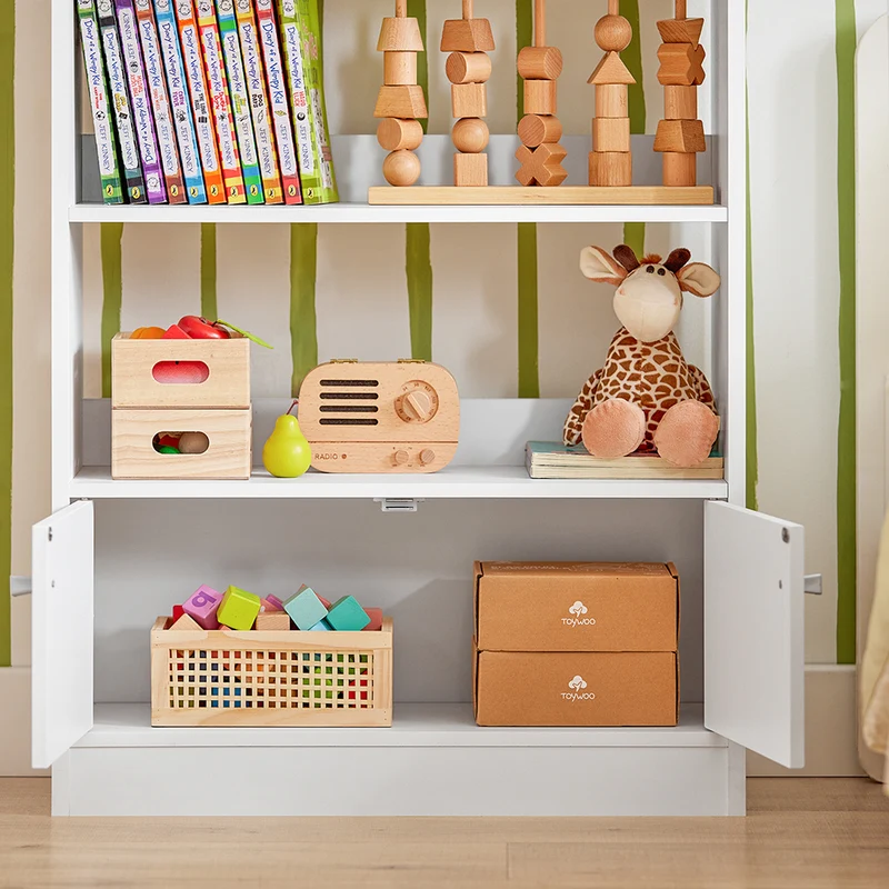 SoBuy KMB11-W Bibliothèque Étagère à Livres Étagère de Rangement Jouets pour Enfants Porte-revues 2 Compartiments Livres, 2 Étagères de Rangment et 2 Portes