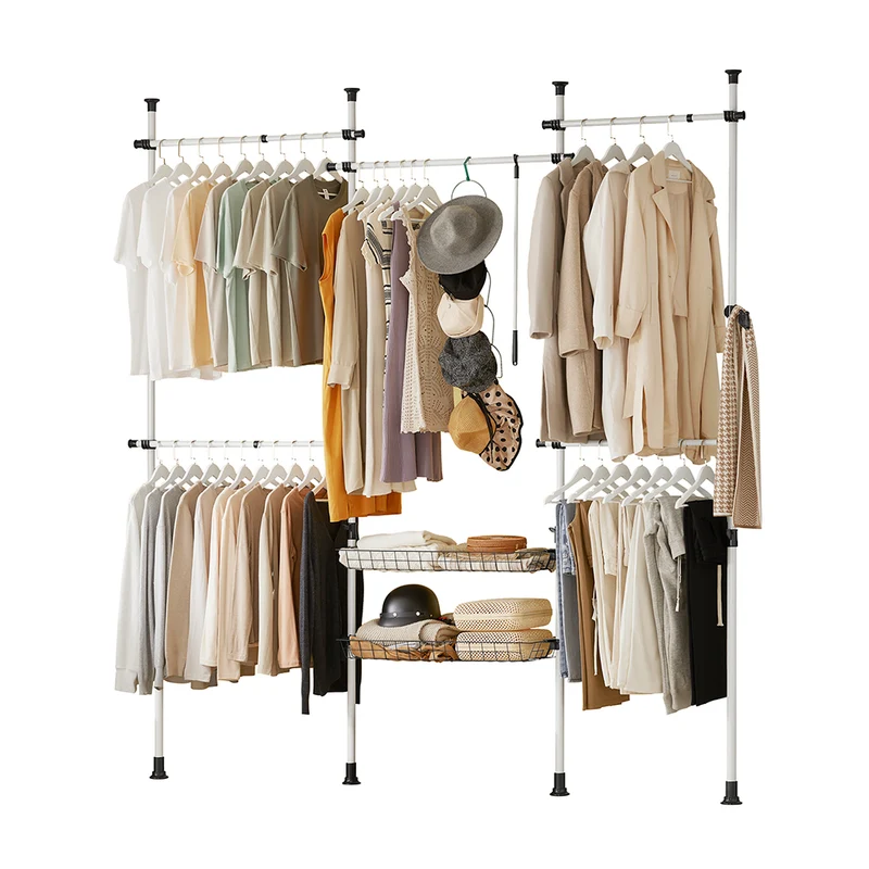 SoBuy KLS04 Portant à vêtements télescopique solide - Penderie ouverte réglable avec tringles et étagères, Porte manteau pour chambre/dressing, Blanc