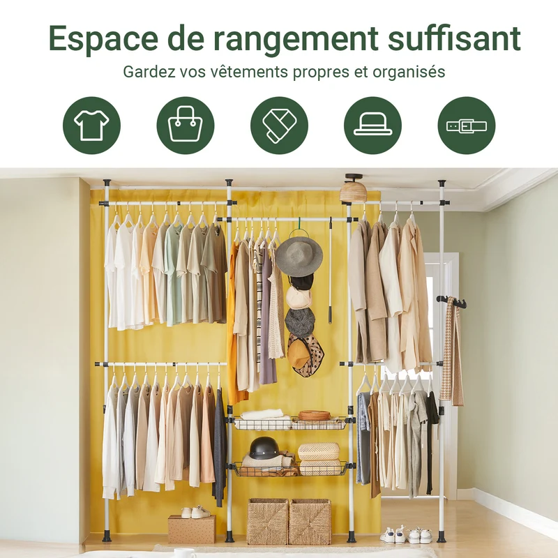 SoBuy KLS04 Portant à vêtements télescopique solide - Penderie ouverte réglable avec tringles et étagères, Porte manteau pour chambre/dressing, Blanc