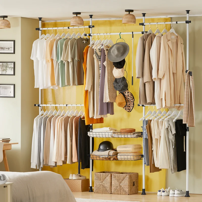 SoBuy KLS04 Portant à vêtements télescopique solide - Penderie ouverte réglable avec tringles et étagères, Porte manteau pour chambre/dressing, Blanc