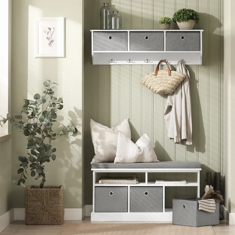 SoBuy FSR67-HG Banc à Chaussures avec Coussin Rembourré, 2 Compartiments et 3 Paniers pour Entrée – 96x35x50 cm, Gris